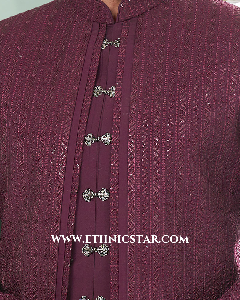 Elegant Wine Silk Jacket Style Indowestern Set