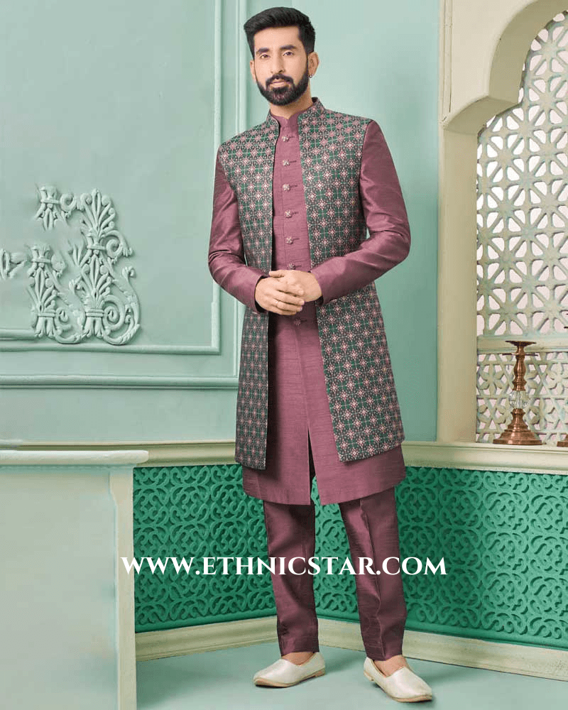 Wine Silk Jacket Style Indowestern Set For Men
