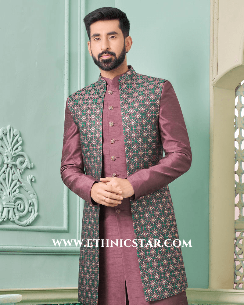 Wine Silk Jacket Style Indowestern Set For Men
