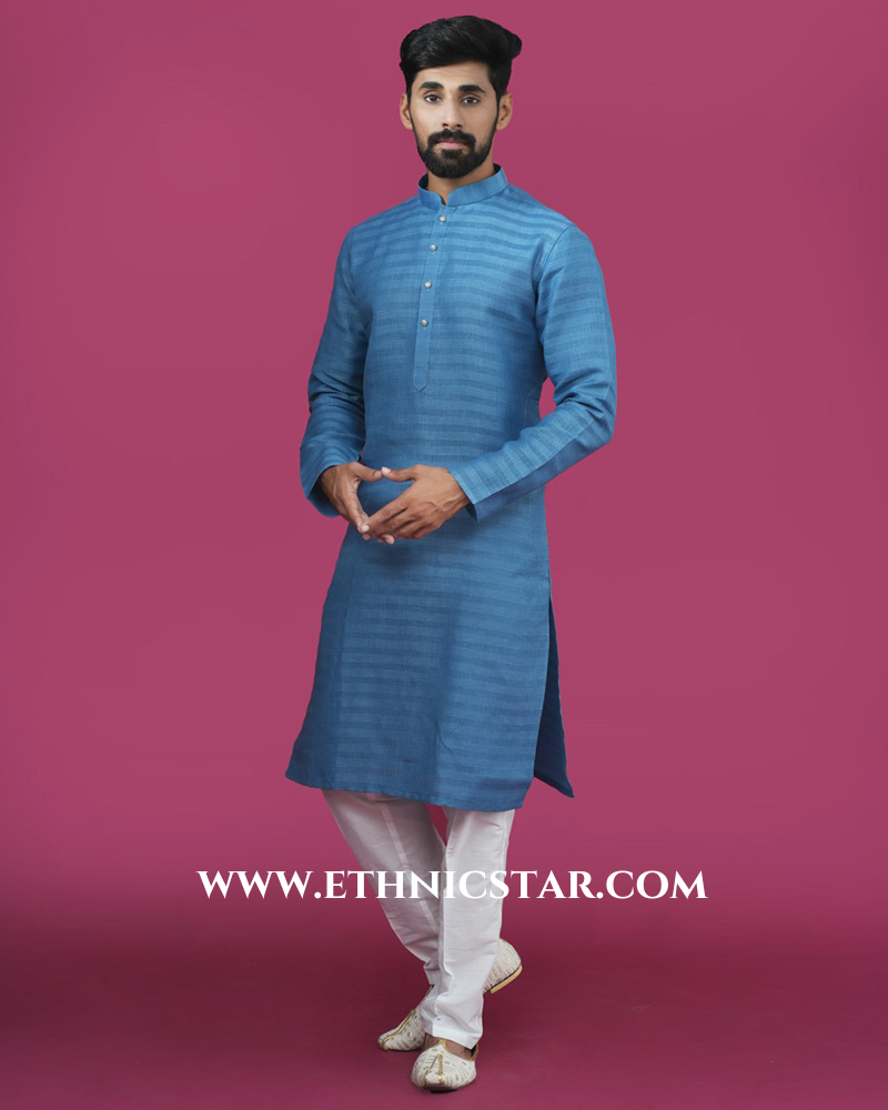 Blue Cotton Silk Kurta Pajama For Men