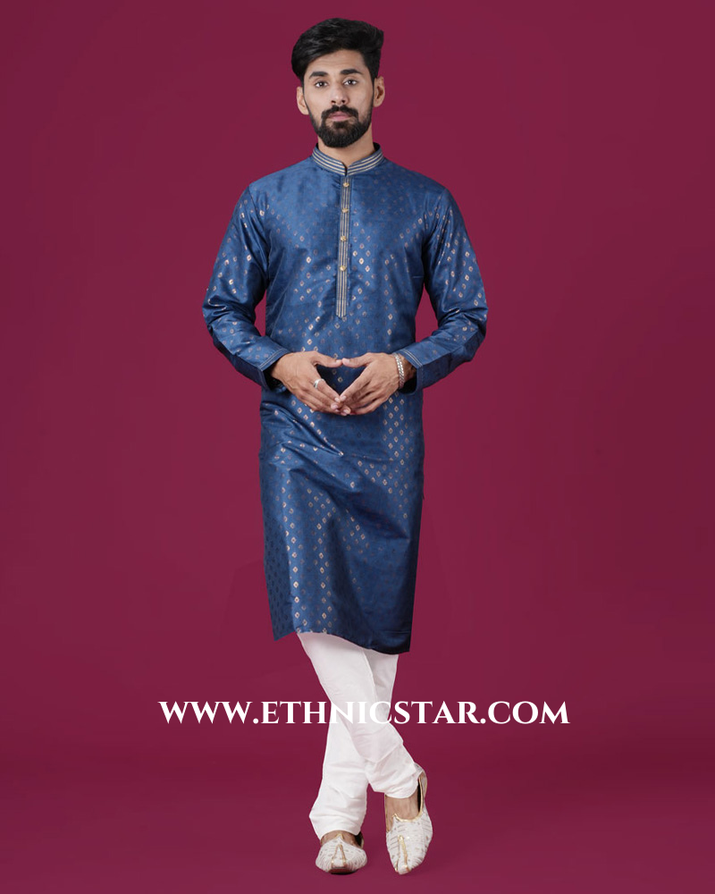 Zari Work Wedding Wear Kurta Pajama In Blue Color