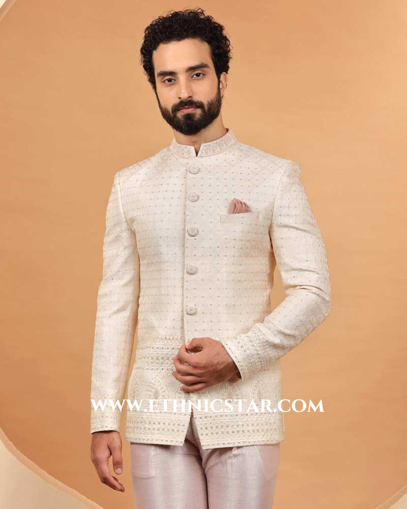 Light Pink Jodhpuri Suit With Embroidery For Men