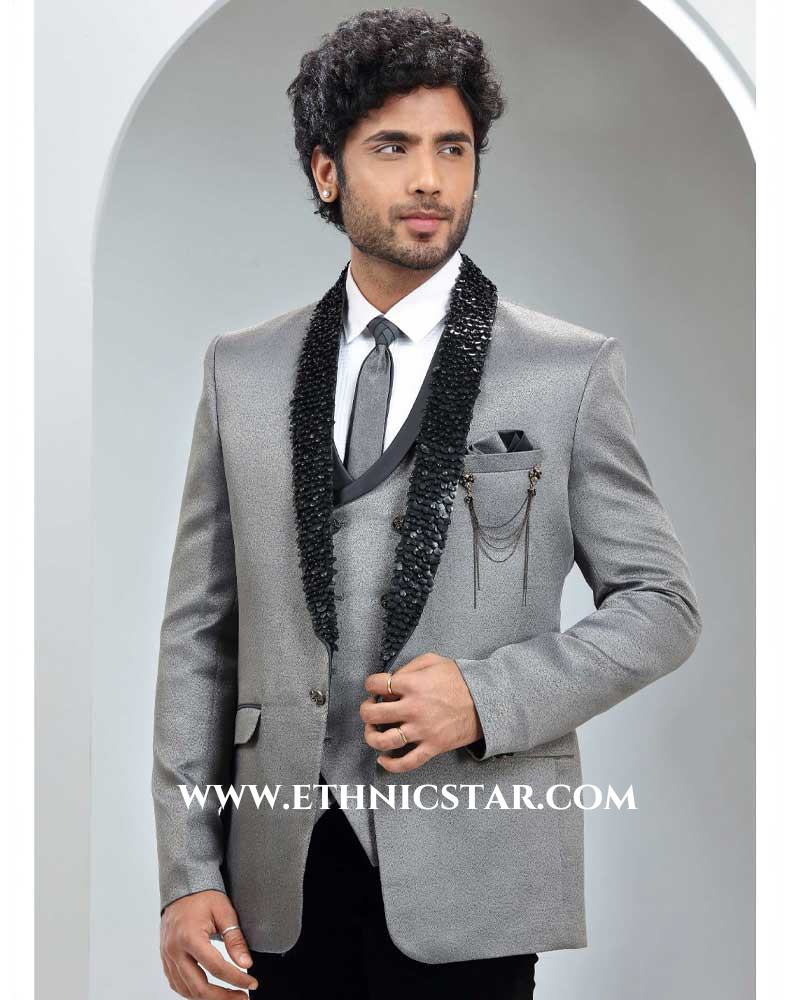 Grey Sequins Embroidered Imported Fabric Suit For Men