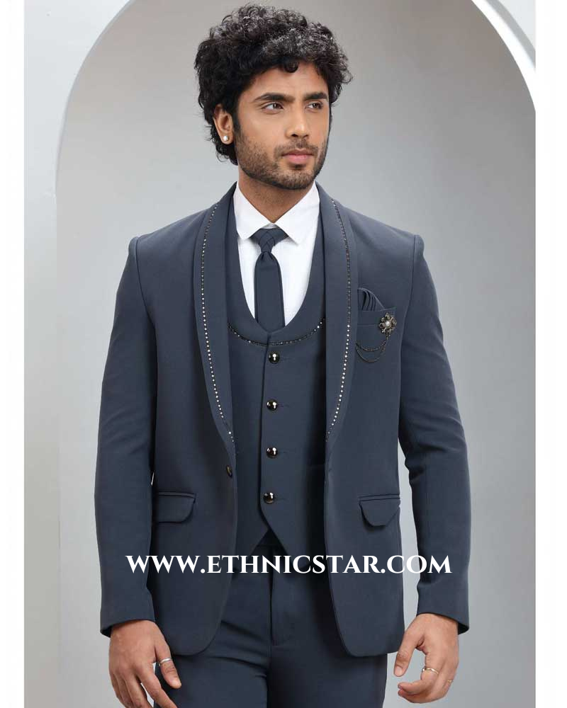 Dark Grey Tuxedo Set With Stone Embroidered Detail