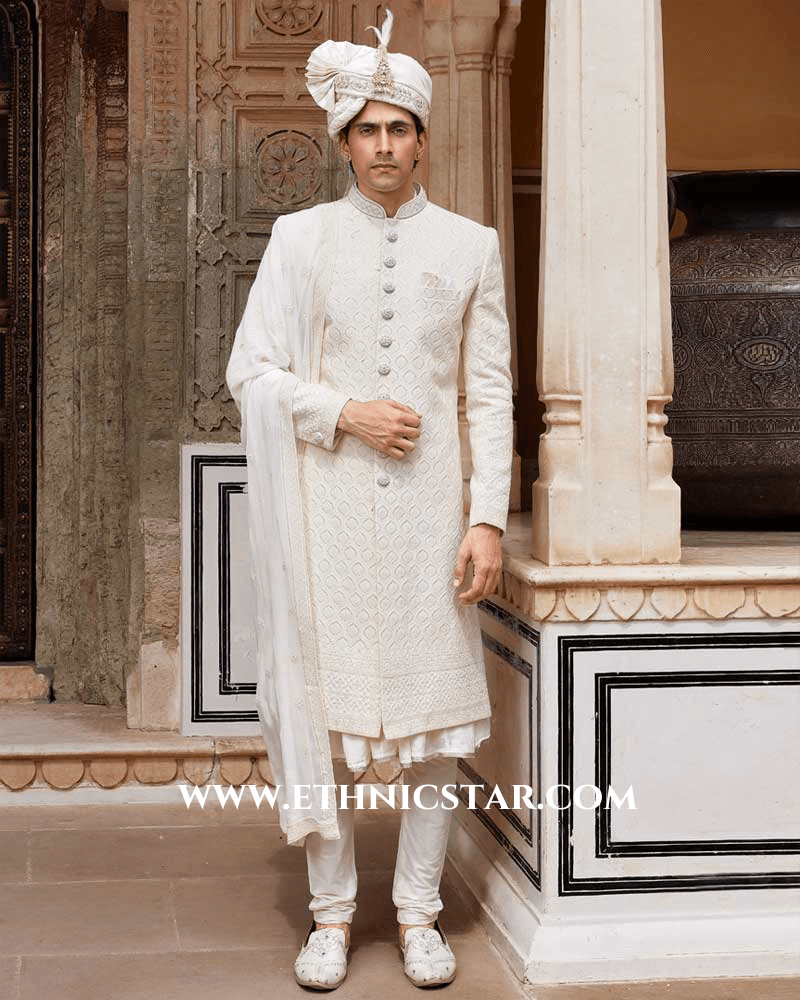 Off White Embroidered Sherwani Set For Groom