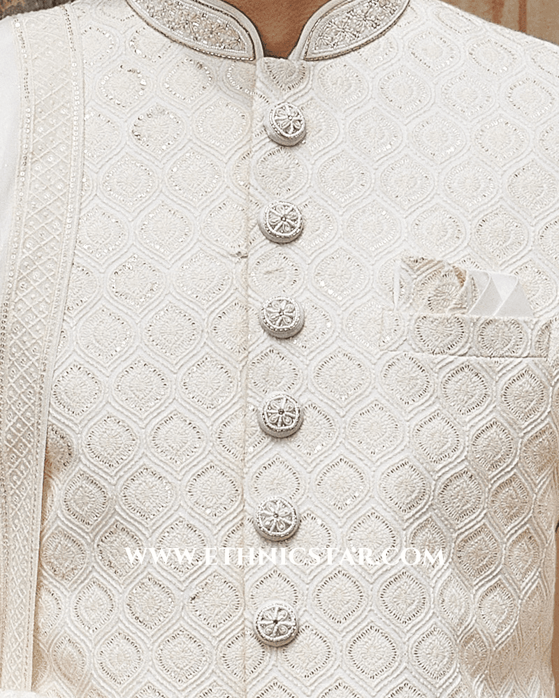 Off White Embroidered Sherwani Set For Groom