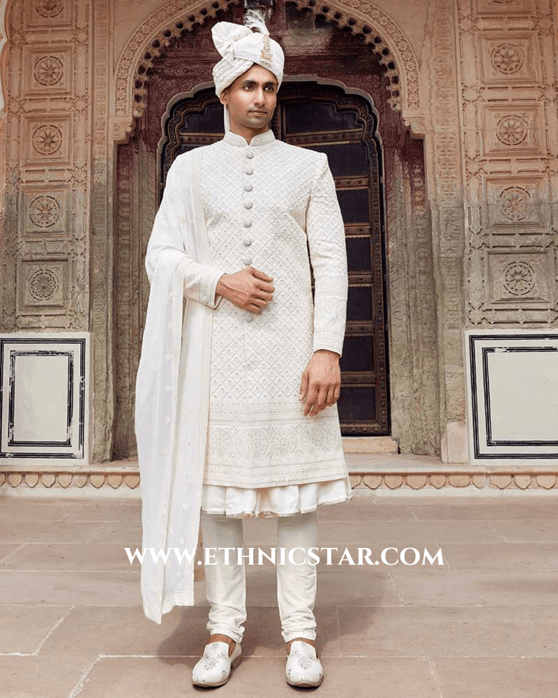 Luxurious Cream Silk Embroidered Sherwani With Dupatta
