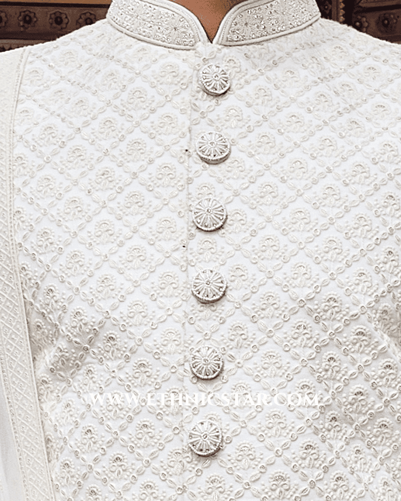 Luxurious Cream Silk Embroidered Sherwani With Dupatta
