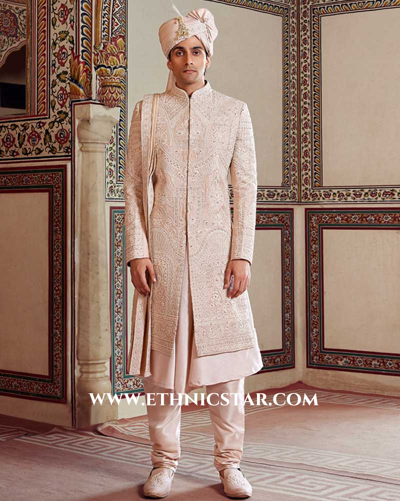 Rose Gold Silk Embroidered Sherwani Set With Dupatta