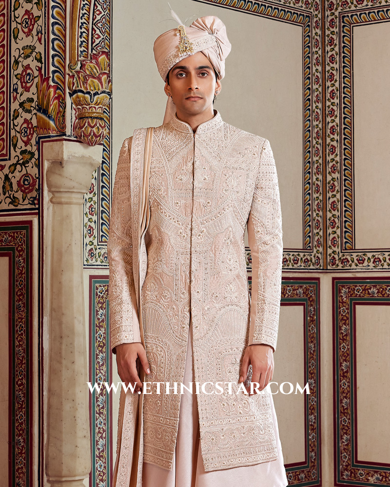 Rose Gold Silk Embroidered Sherwani Set With Dupatta