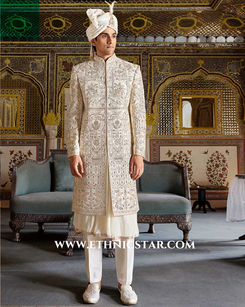 Designer Zardosi Embroidered Anarkali Style Sherwani In Silk