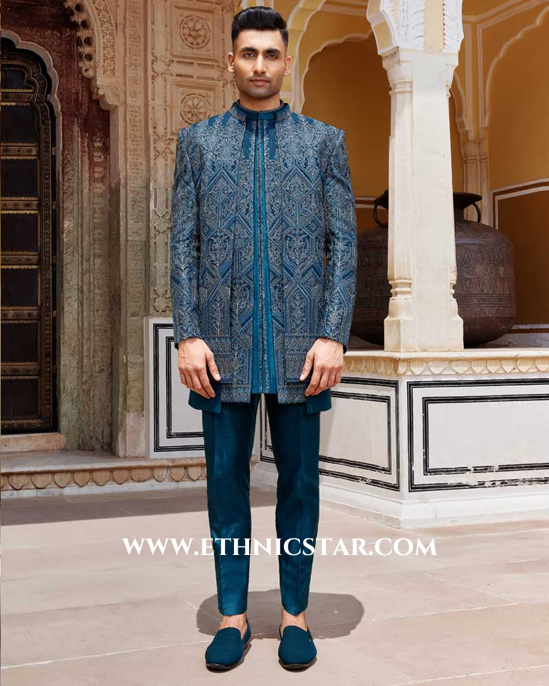 Designer Thread Embroidered Indowestern Set With Jacket