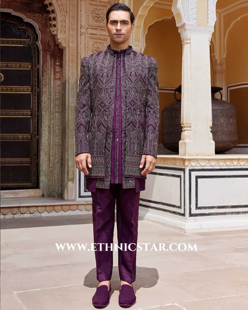 Stylish Purple Indowestern Set With Embroidered Jacket