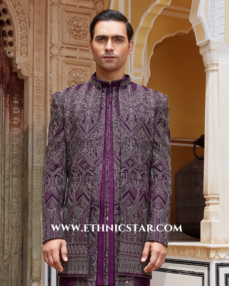 Stylish Purple Indowestern Set With Embroidered Jacket