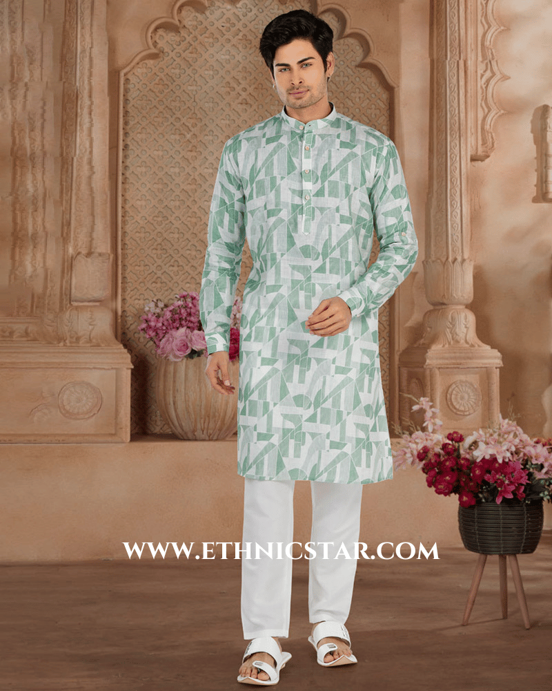 Linen Fancy Printed Light Sea Green Kurta Pajama