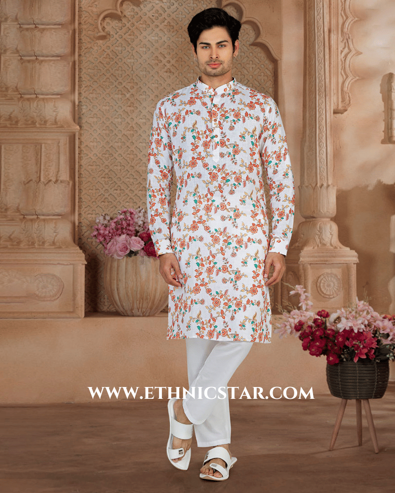 Fancy Printed Off White Kurta Pajama For Men