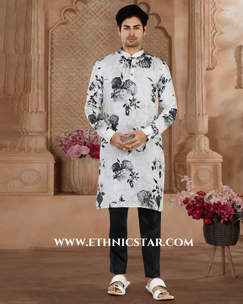 Readymade Floral Printed White And Black Kurta Pajama