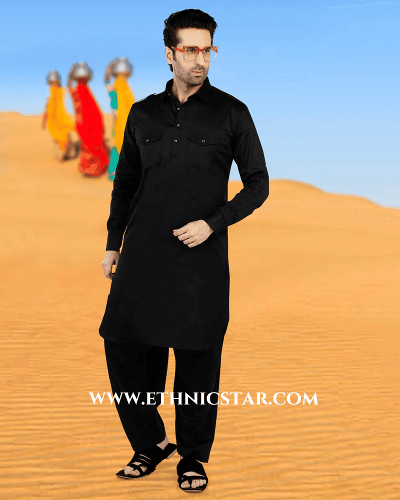 Black Pathani Kurta Set In Slub Cotton