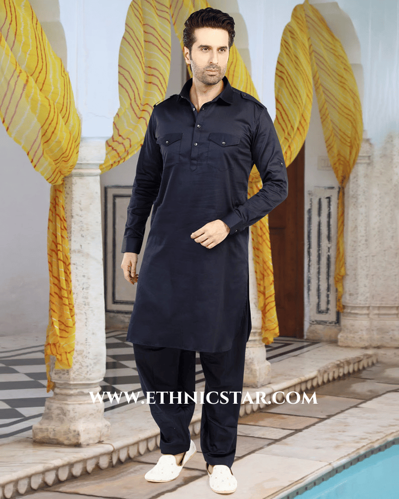 Dark Blue Slub Cotton Pathani Kurta Set