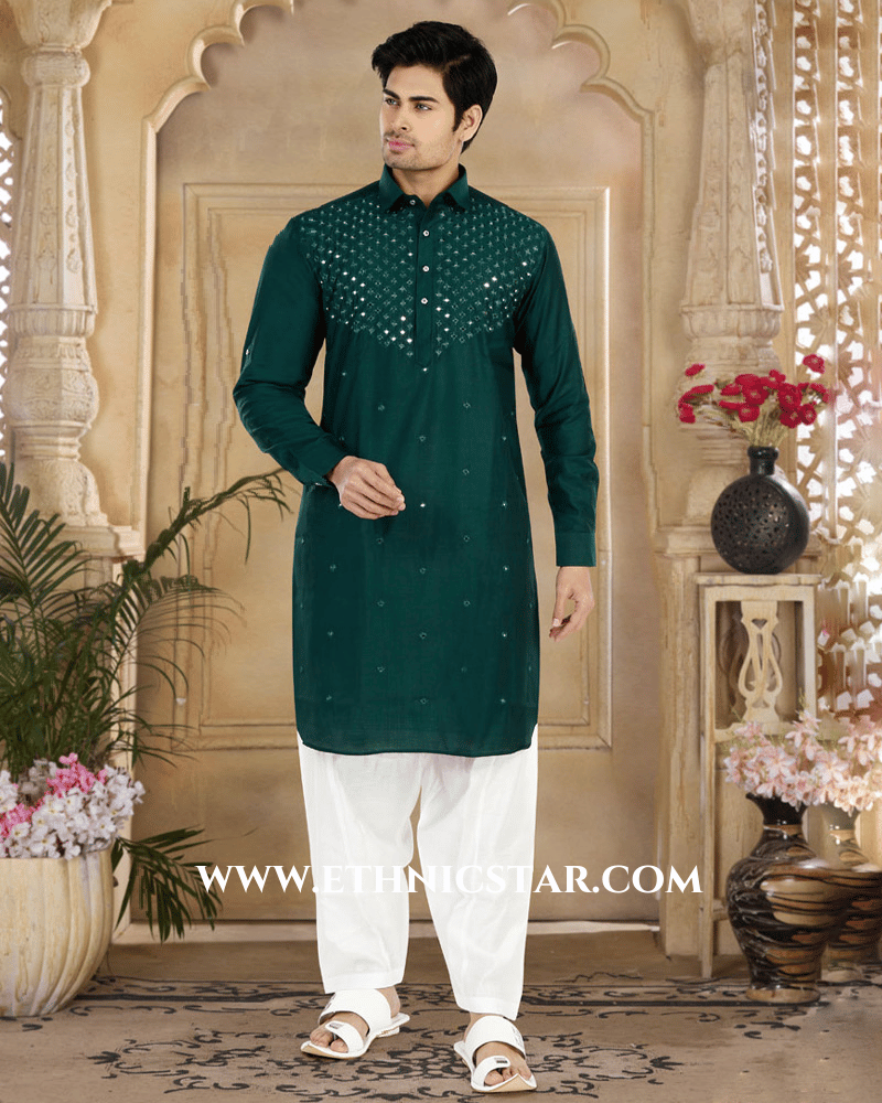 Green Mirror Embroidered Pathani Kurta Set