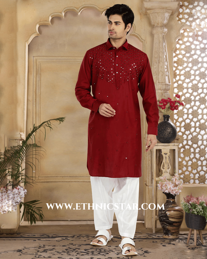 Maroon Pathani Kurta Set In Slub Cotton