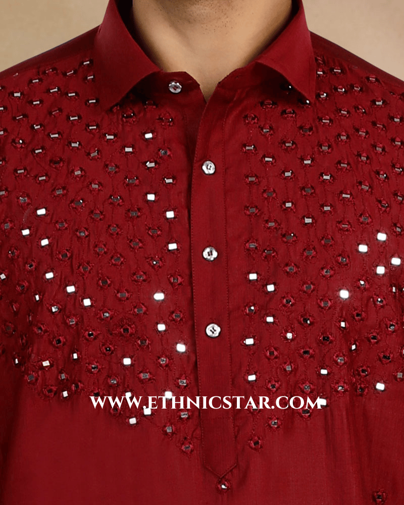 Maroon Pathani Kurta Set In Slub Cotton