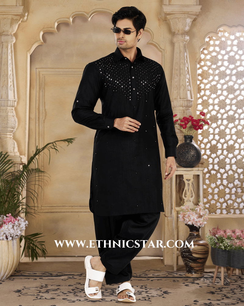 Festive Wear Black Mirror Embroidered Pathani Kurta Pajama