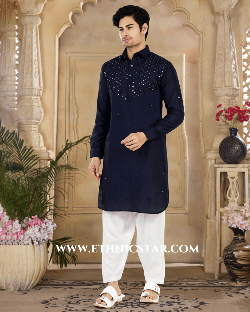 Navy Blue Pathani Kurta Set With Mirror Embroidered