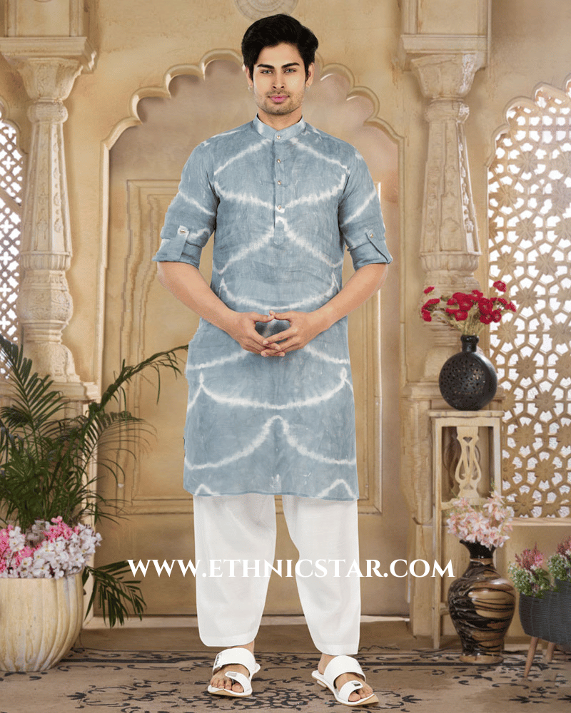 Festive Wear Grey Cotton Silk Pathani Kurta Pajama