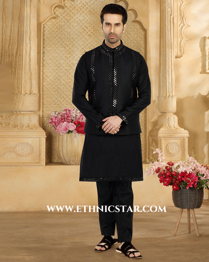 Classic Black Cotton Silk Embroidered Nehru Jacket Set