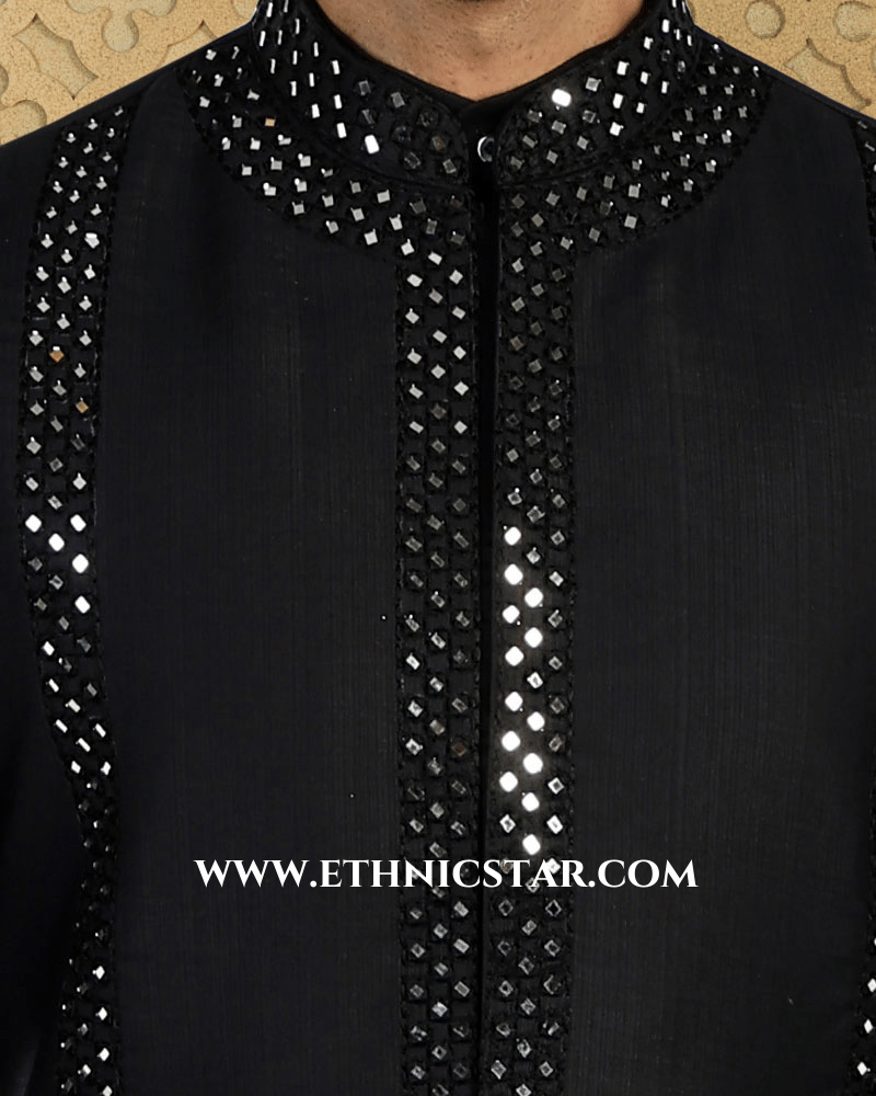 Classic Black Cotton Silk Embroidered Nehru Jacket Set