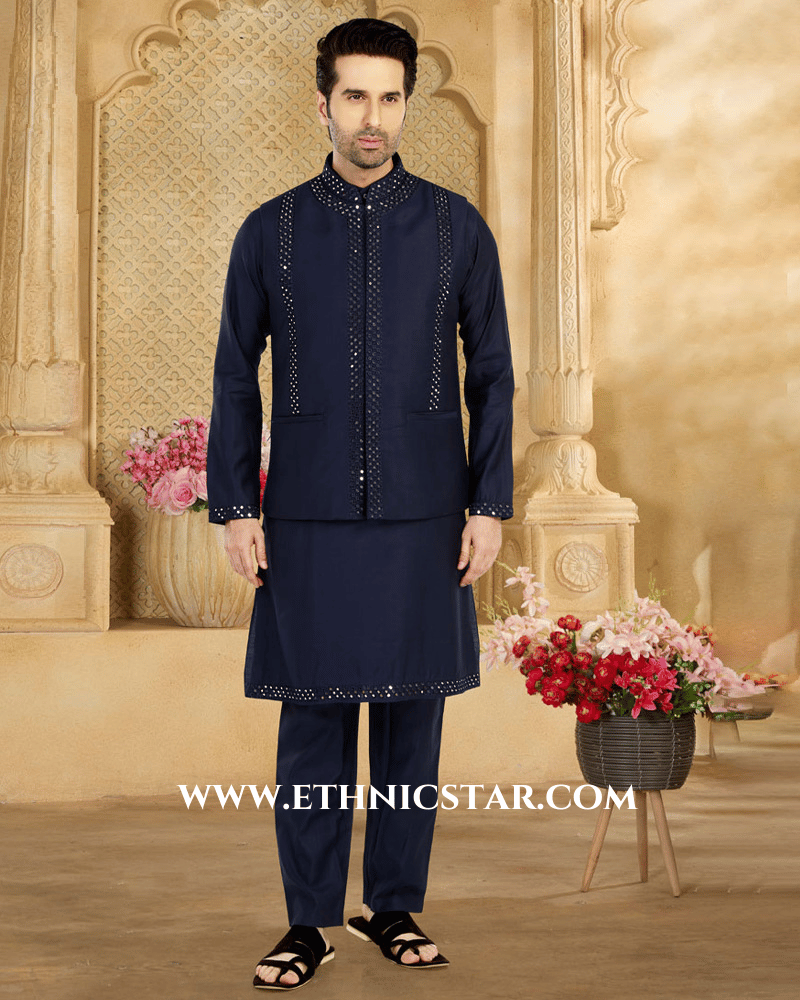 Elegant Navy Blue Cotton Silk Embroidered Nehru Jacket Set