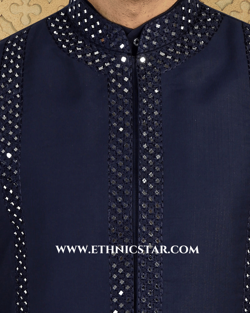 Elegant Navy Blue Cotton Silk Embroidered Nehru Jacket Set