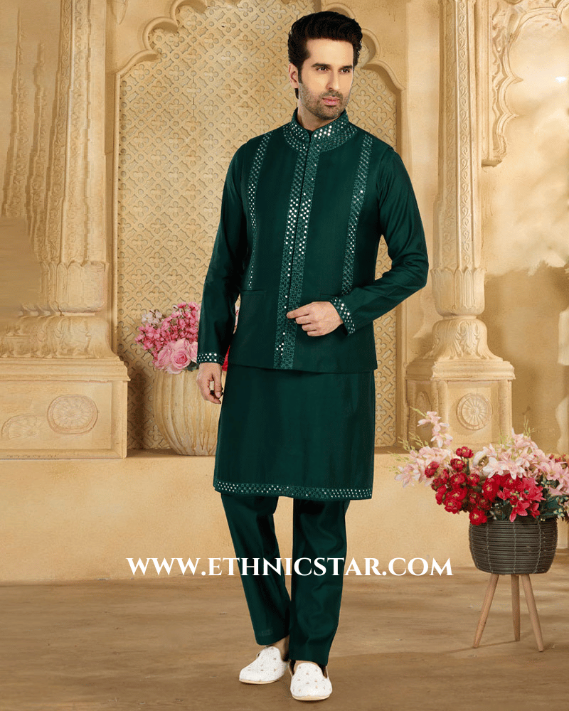 Vibrant Green Cotton Silk Nehru Jacket Set For Men