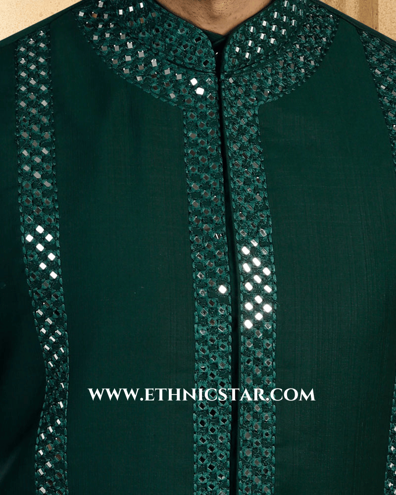 Vibrant Green Cotton Silk Nehru Jacket Set For Men