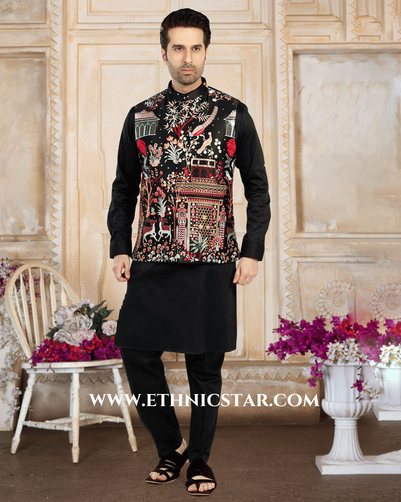 Black Thread Embroidered Nehru Jacket Set