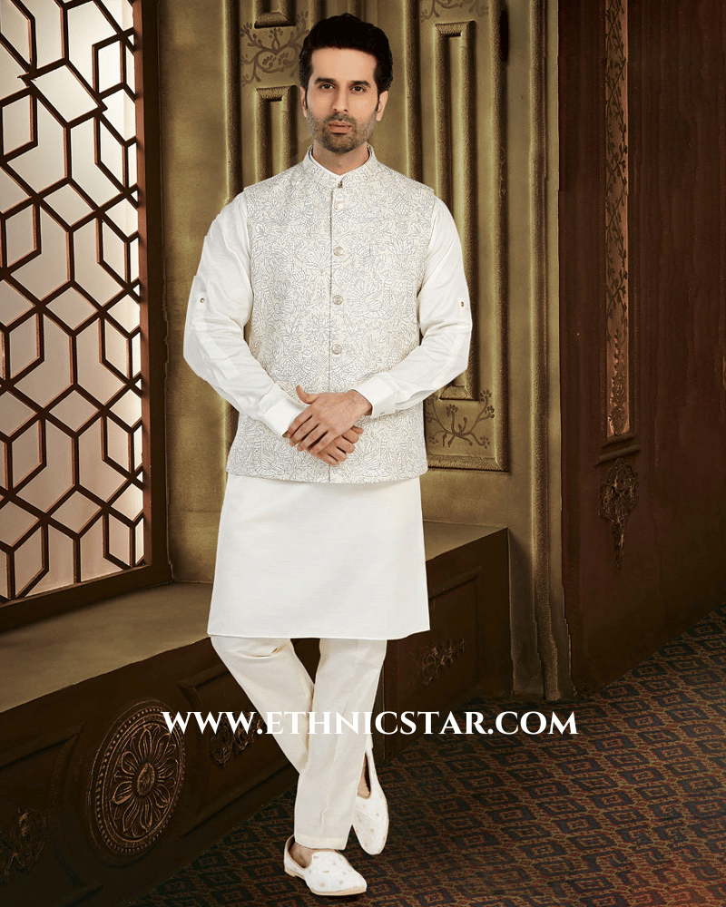 Off White Fancy Printed Nehru Jacket Set