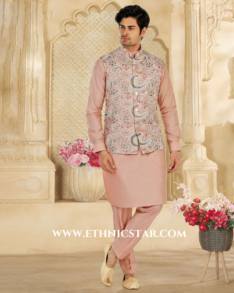 Peach Embroidered Nehru Jacket Set In Cotton Silk