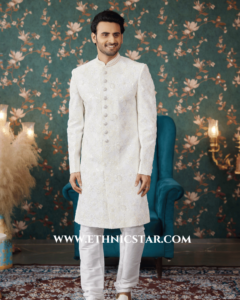 Cream Floral Embroidered Shewani Set For Men