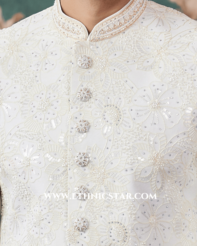 Cream Floral Embroidered Shewani Set For Men