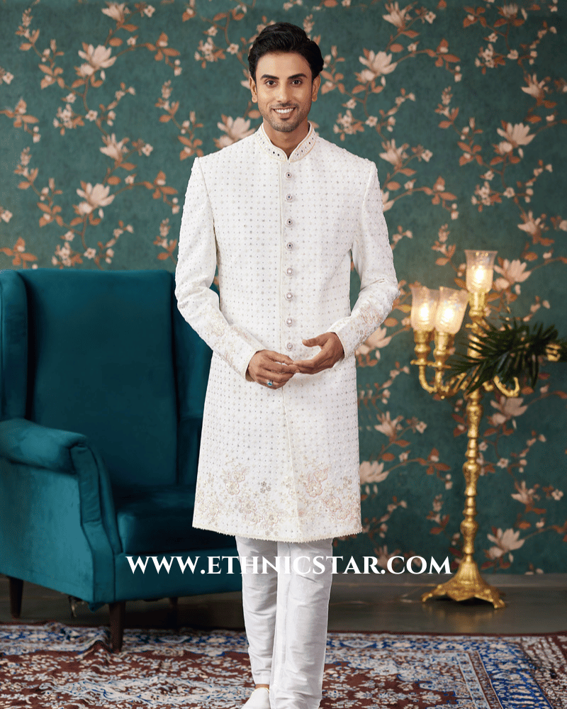 Cream Embroidered Art Silk Sherwani Set For Men