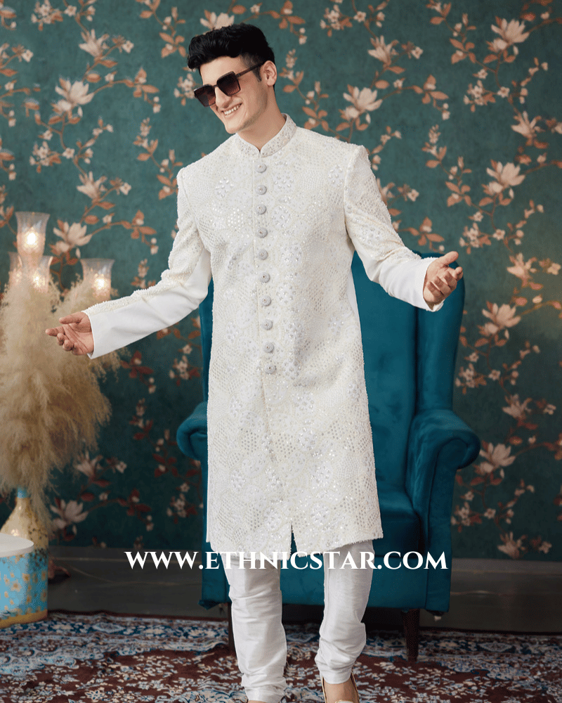 Warm White Medallion Patterned Sherwani Set