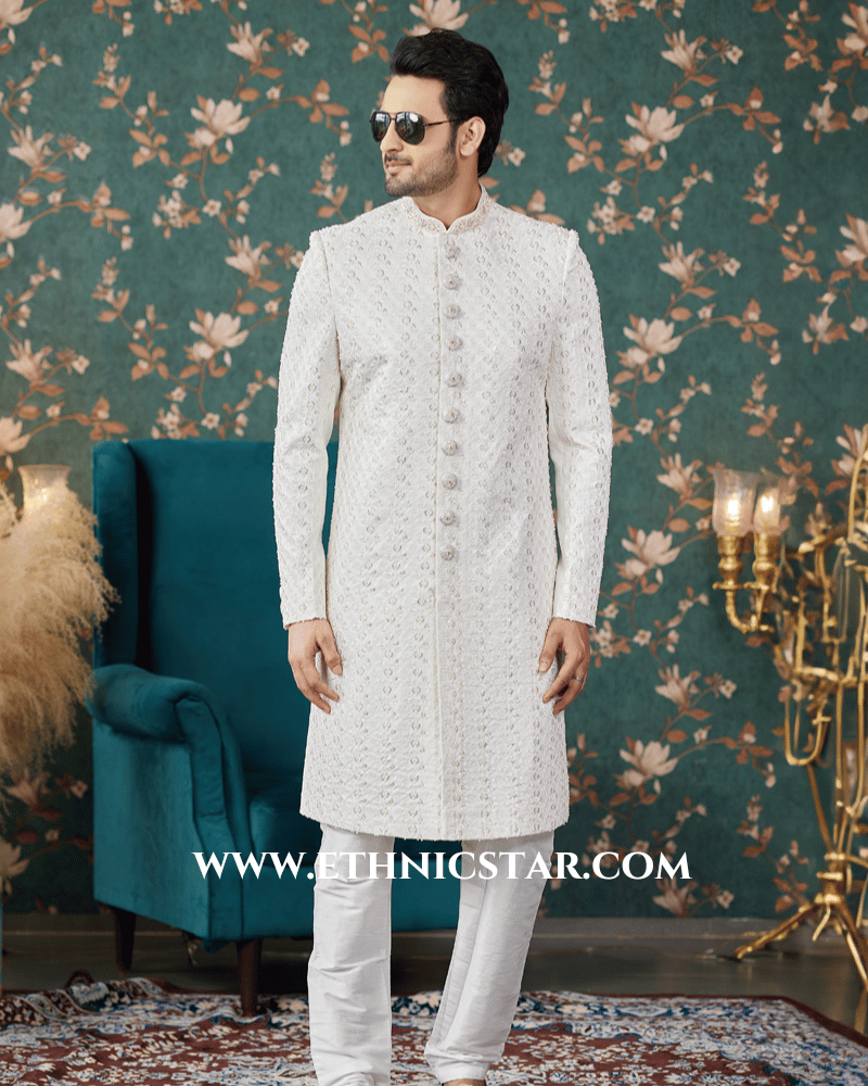 Warm White Bel Buti Patterned Sherwani Set with Sequin Embellishment