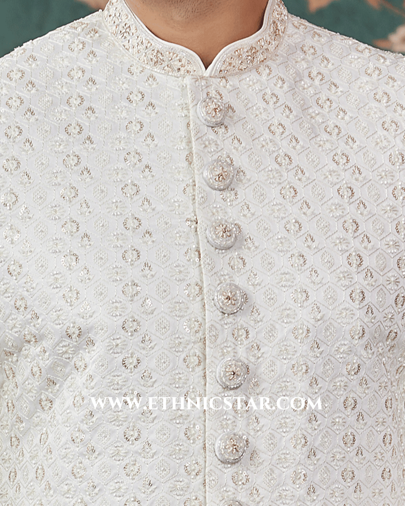 Warm White Bel Buti Patterned Sherwani Set with Sequin Embellishment