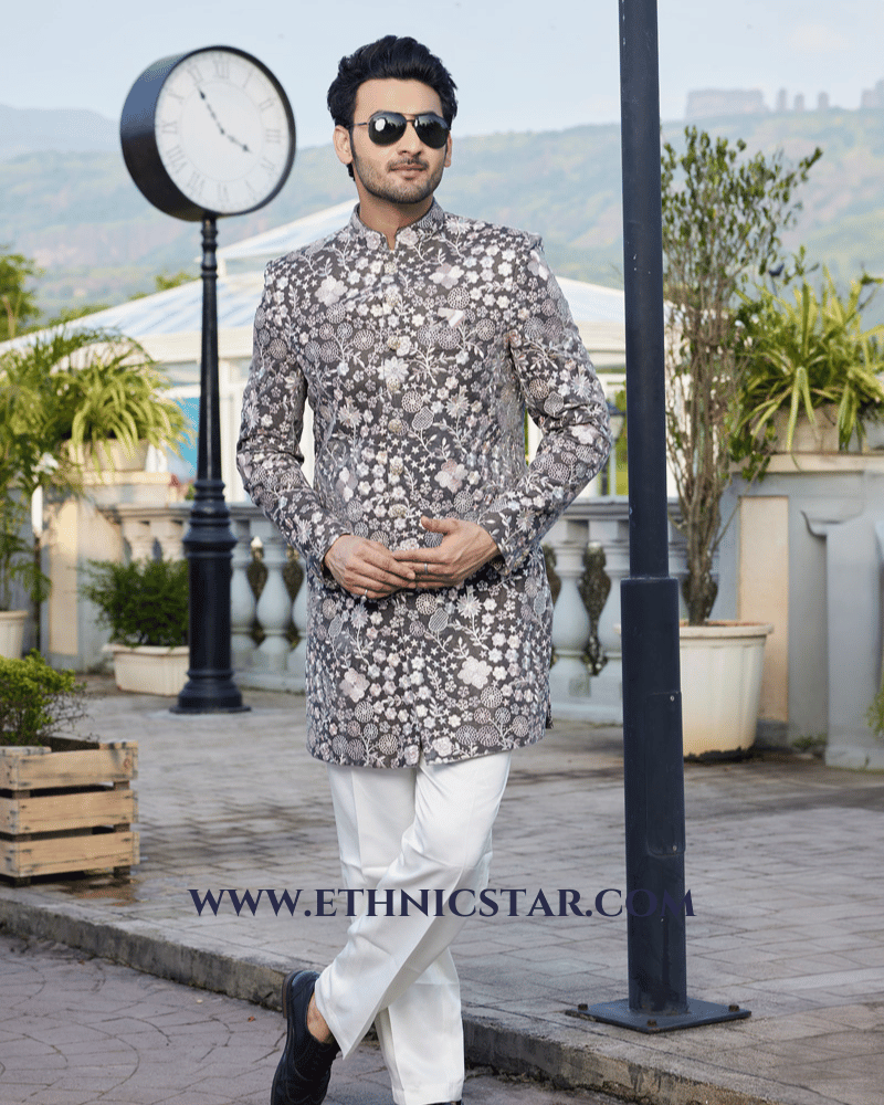 Dark Grey Thread Embroidered Velvet Indowestern Set