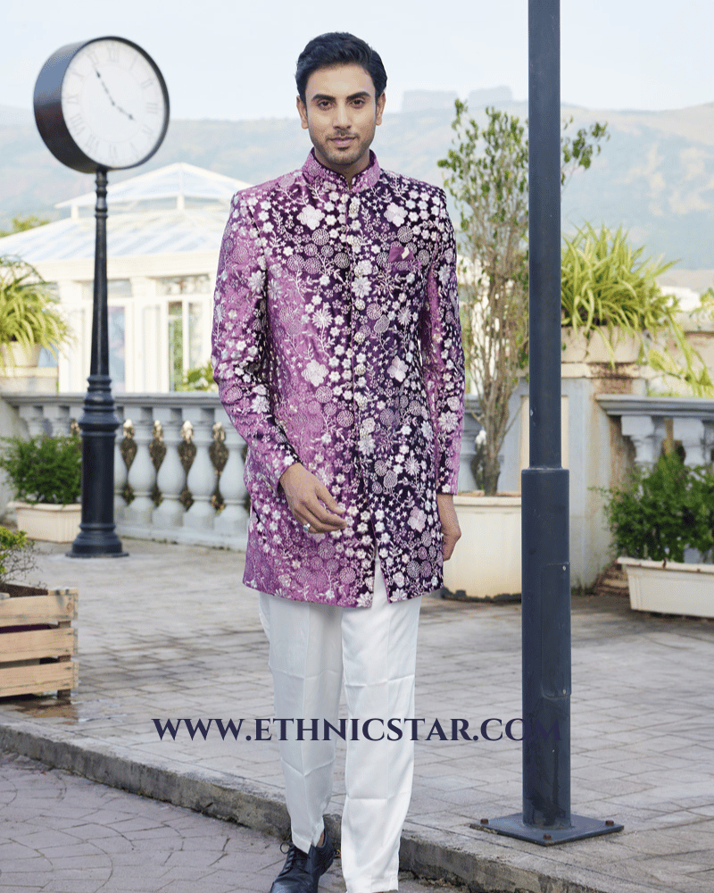 Velvet Thread Embroidered Magenta Indowestern Set