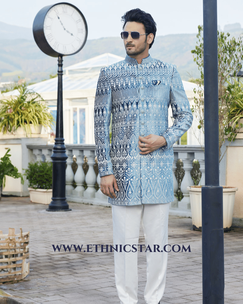 Steel Blue Embroidered Indowestern Set In Velvet