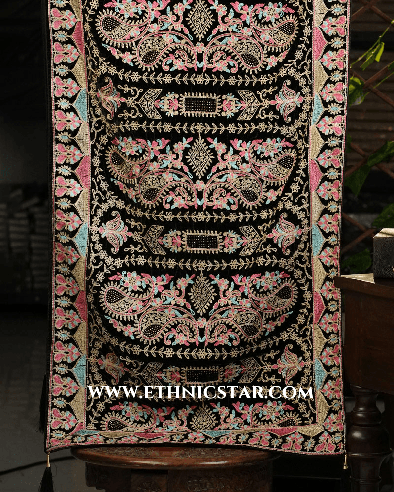 Classic Designer Multi Thread Work Black Velvet Dupatta
