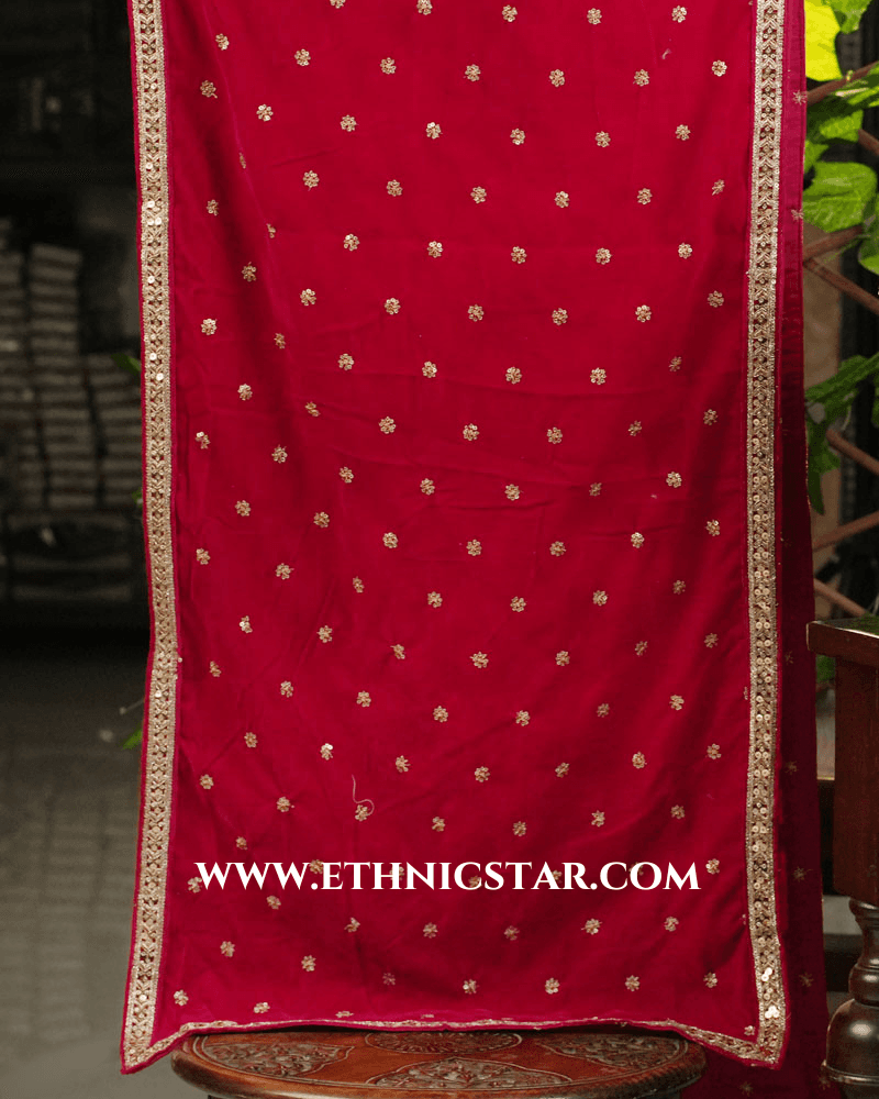 Rani Color Groom Wear Dupatta In Velvet Fabric