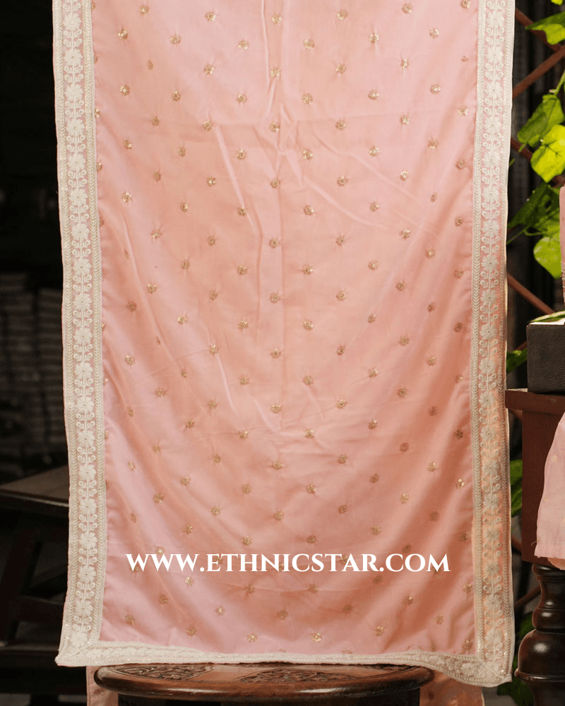 Peach Color Designer Embroidered Velvet Dupatta